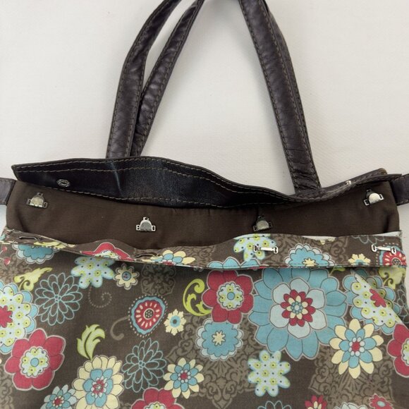 Thirty-One Shoulder Bag Brown Removable Floral Skirt Brown Trim Purse Sachel - Picture 3 of 16